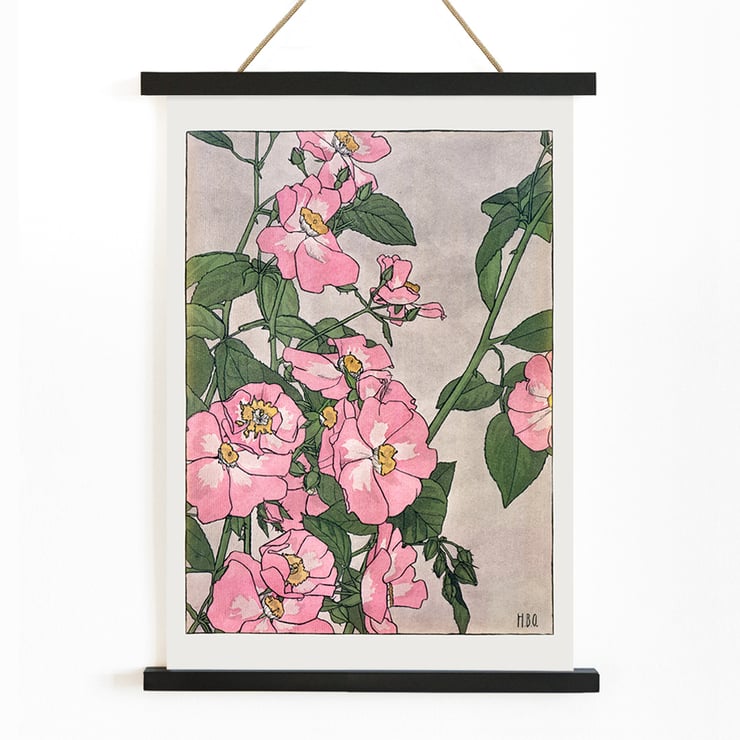 Prairie Rose by Hannah Borger Overbeck depicts vibrant pink flowers with green leaves. Poster of pink and white prairie roses with green leaves by Hannah Borger Overbeck titled Prairie Rose.