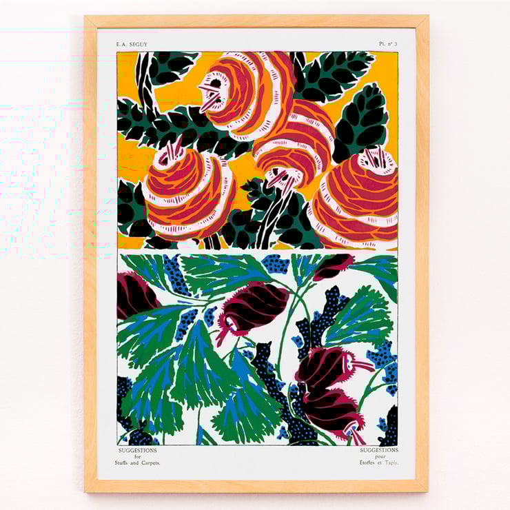 Vintage floral patterns by E. A. Séguy from Suggestions for stuffs and carpets featuring colorful botanical motifs. Vintage floral patterns poster from Suggestions for Stuffs and Carpets by E A Séguy featuring bold and colorful motifs.