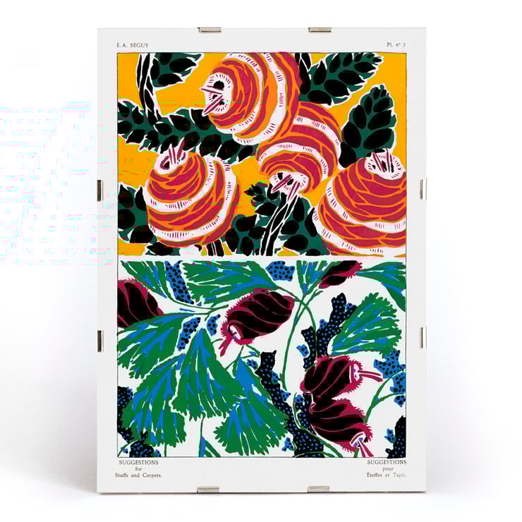 Vintage floral patterns by E. A. Séguy from Suggestions for stuffs and carpets featuring colorful botanical motifs. Vintage floral patterns poster from Suggestions for Stuffs and Carpets by E A Séguy featuring bold and colorful motifs.