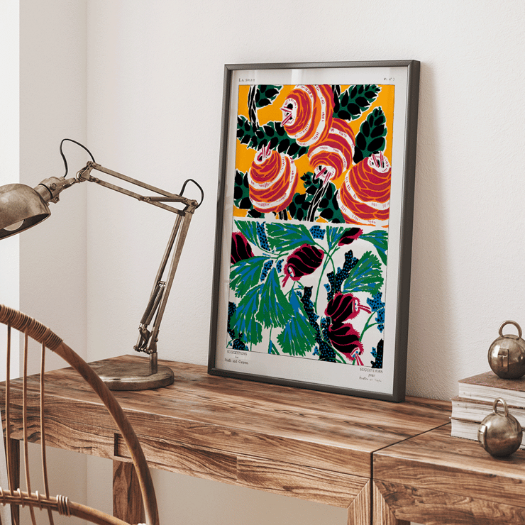 Vintage floral patterns by E. A. Séguy from Suggestions for stuffs and carpets featuring colorful botanical motifs. Vintage floral patterns poster from Suggestions for Stuffs and Carpets by E A Séguy featuring bold and colorful motifs.