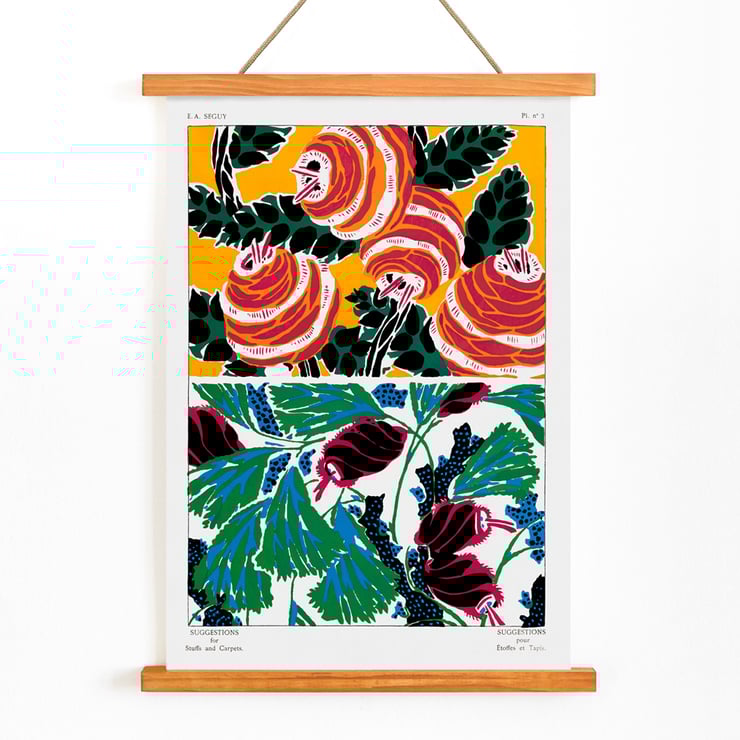 Vintage floral patterns by E. A. Séguy from Suggestions for stuffs and carpets featuring colorful botanical motifs. Vintage floral patterns poster from Suggestions for Stuffs and Carpets by E A Séguy featuring bold and colorful motifs.