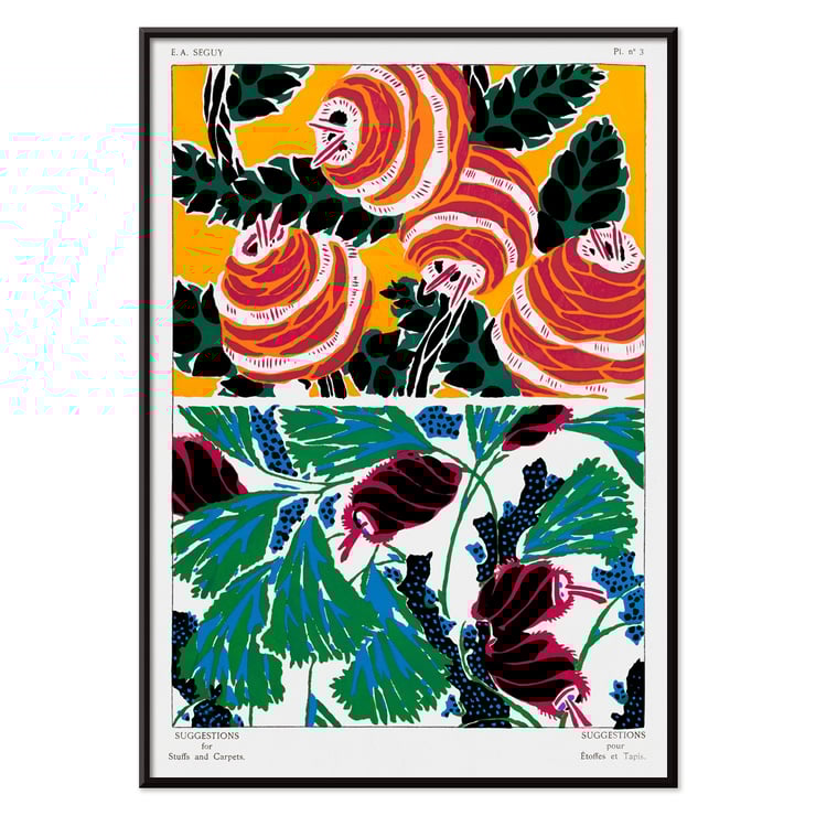 Vintage floral patterns by E. A. Séguy from Suggestions for stuffs and carpets featuring colorful botanical motifs. Vintage floral patterns poster from Suggestions for Stuffs and Carpets by E A Séguy featuring bold and colorful motifs.