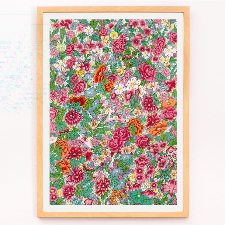 Colorful flower pattern artwork by Owen Jones vibrant floral design Poster displaying a vibrant floral design by Owen Jones titled Colorful flower pattern showcasing intricate blossoms and foliage