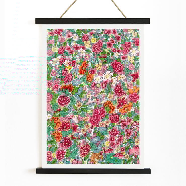 Colorful flower pattern artwork by Owen Jones vibrant floral design Poster displaying a vibrant floral design by Owen Jones titled Colorful flower pattern showcasing intricate blossoms and foliage