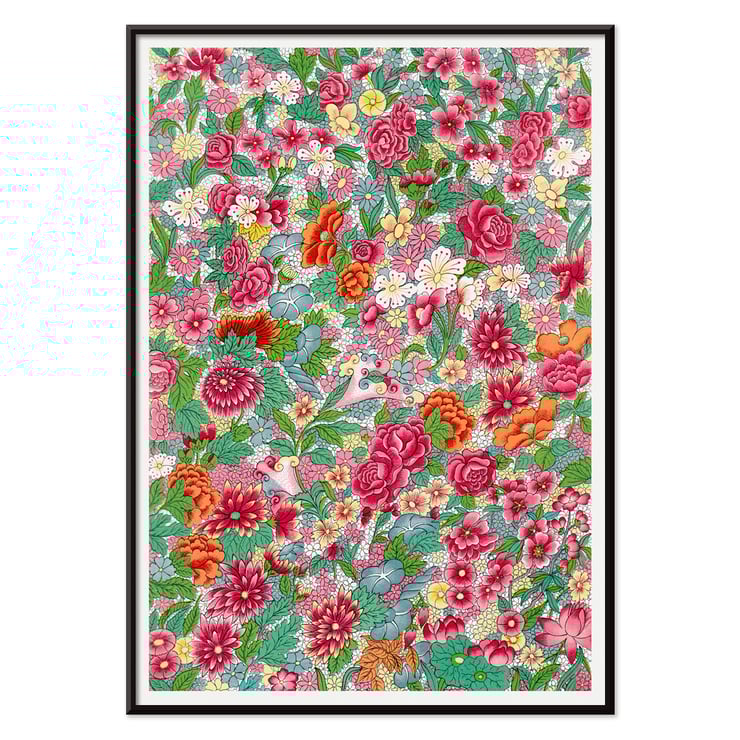 Colorful flower pattern artwork by Owen Jones vibrant floral design Poster displaying a vibrant floral design by Owen Jones titled Colorful flower pattern showcasing intricate blossoms and foliage