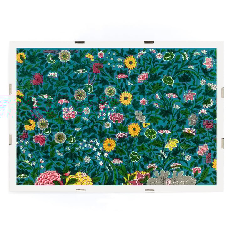 Grünes botanisches Muster von Owen Jones, lebendiges Blumenkunstwerk. Poster mit lebendigem Blumenmuster auf blaugrünem Hintergrund aus dem Kunstwerk „Green Botanical Pattern“ von Owen Jones.
