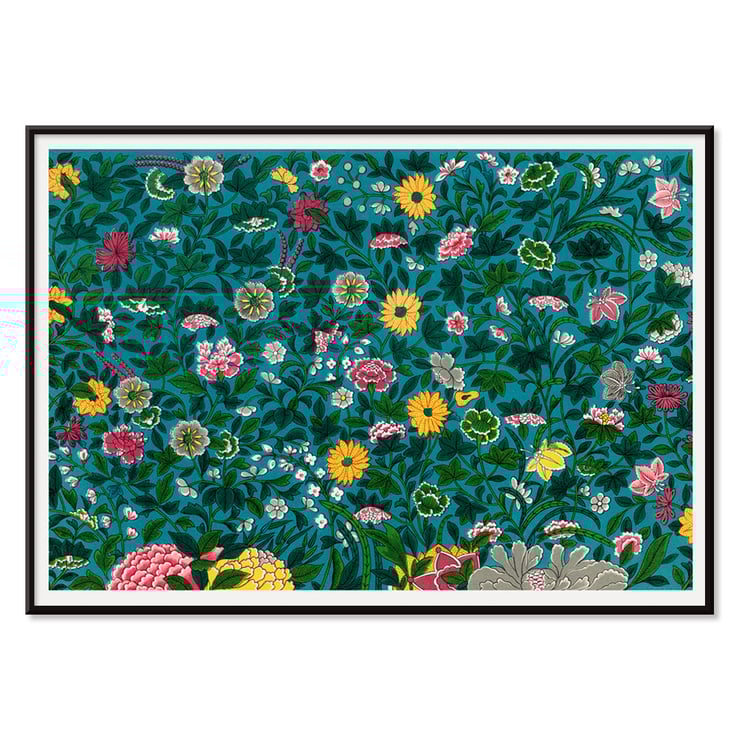 Grünes botanisches Muster von Owen Jones, lebendiges Blumenkunstwerk. Poster mit lebendigem Blumenmuster auf blaugrünem Hintergrund aus dem Kunstwerk „Green Botanical Pattern“ von Owen Jones.
