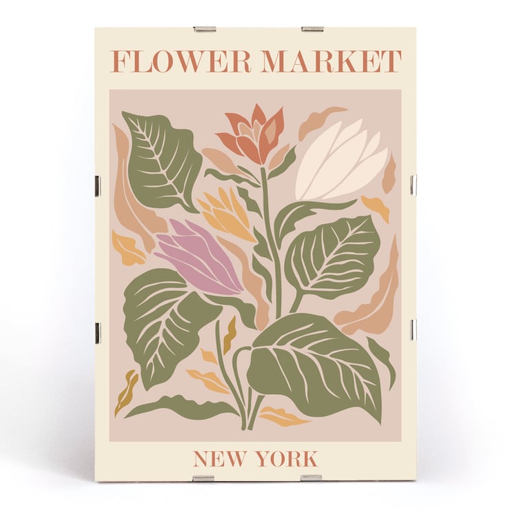 Colorful botanical illustration of flowers and leaves Flower Market New York by Moryarty Poster titled Flower Market - New York by Moryarty featuring a vibrant illustration of multicolored flowers and leaves.