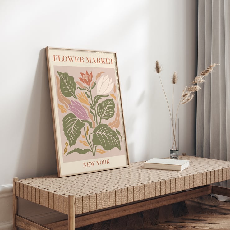 Colorful botanical illustration of flowers and leaves Flower Market New York by Moryarty Poster titled Flower Market - New York by Moryarty featuring a vibrant illustration of multicolored flowers and leaves.