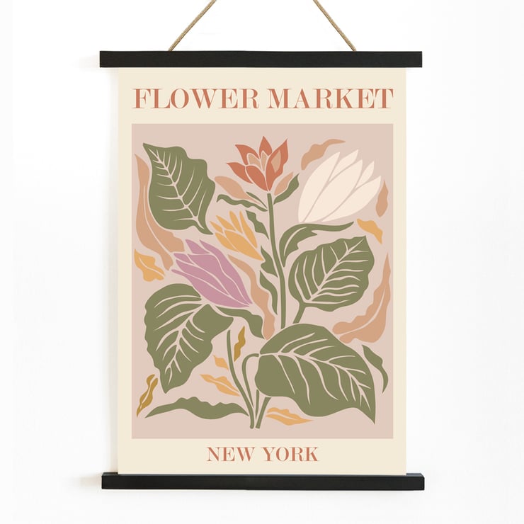 Colorful botanical illustration of flowers and leaves Flower Market New York by Moryarty Poster titled Flower Market - New York by Moryarty featuring a vibrant illustration of multicolored flowers and leaves.