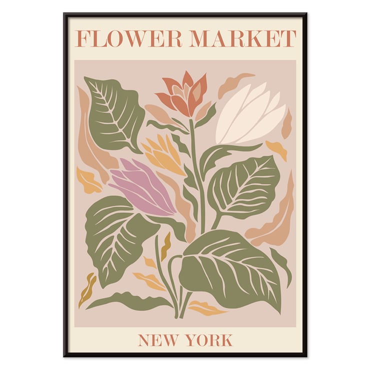 Colorful botanical illustration of flowers and leaves Flower Market New York by Moryarty Poster titled Flower Market - New York by Moryarty featuring a vibrant illustration of multicolored flowers and leaves.