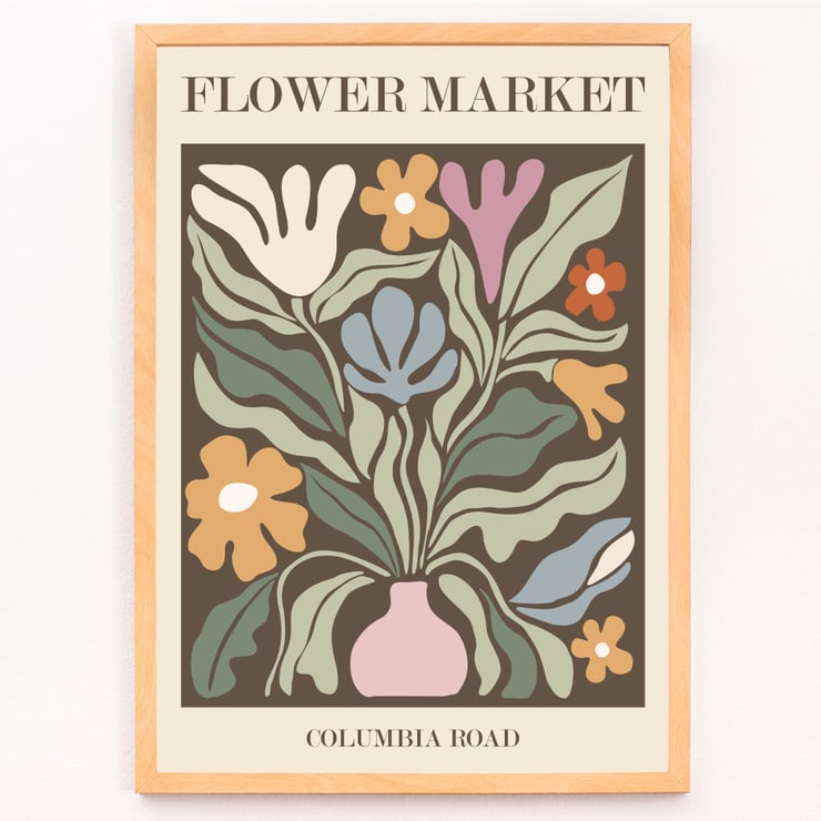 Colorful Floral Artwork Flower Market - Columbia Road by Moryarty Poster titled Flower Market - Columbia Road by Moryarty featuring a colorful abstract depiction of flowers in a vase.