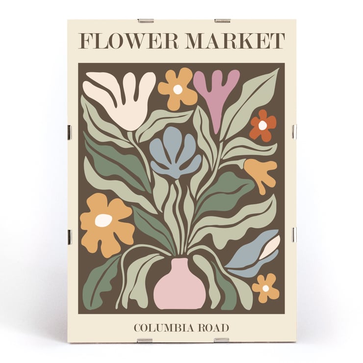 Colorful Floral Artwork Flower Market - Columbia Road by Moryarty Poster titled Flower Market - Columbia Road by Moryarty featuring a colorful abstract depiction of flowers in a vase.