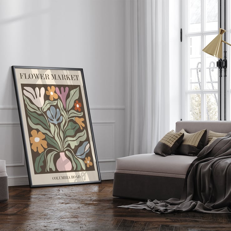 Colorful Floral Artwork Flower Market - Columbia Road by Moryarty Poster titled Flower Market - Columbia Road by Moryarty featuring a colorful abstract depiction of flowers in a vase.