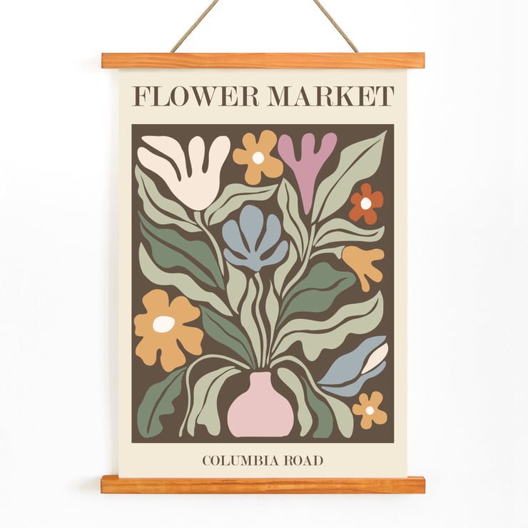 Colorful Floral Artwork Flower Market - Columbia Road by Moryarty Poster titled Flower Market - Columbia Road by Moryarty featuring a colorful abstract depiction of flowers in a vase.