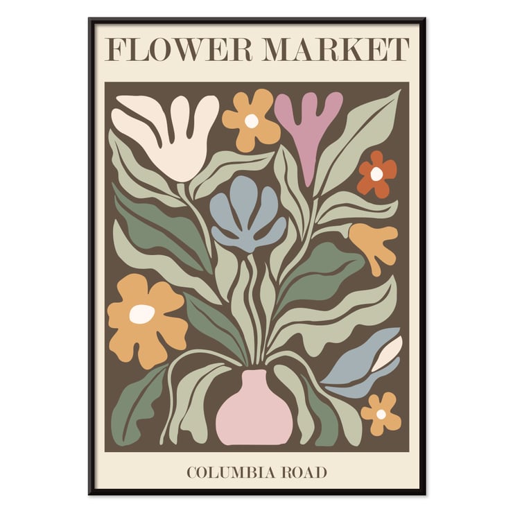 Colorful Floral Artwork Flower Market - Columbia Road by Moryarty Poster titled Flower Market - Columbia Road by Moryarty featuring a colorful abstract depiction of flowers in a vase.