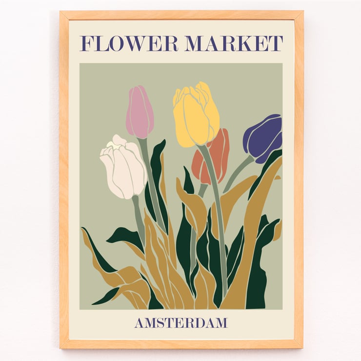 Bunte Tulpen Kunstwerk Blumenmarkt Amsterdam von Moryarty Poster mit dem Titel Flower Market - Amsterdam von Moryarty mit bunten Tulpen im Retro-Design und erdigem grünem Hintergrund
