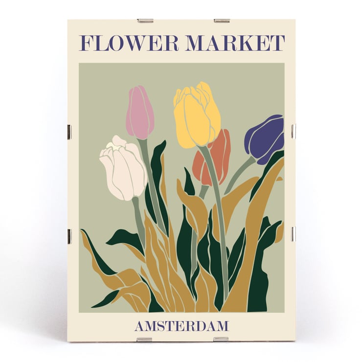 Bunte Tulpen Kunstwerk Blumenmarkt Amsterdam von Moryarty Poster mit dem Titel Flower Market - Amsterdam von Moryarty mit bunten Tulpen im Retro-Design und erdigem grünem Hintergrund