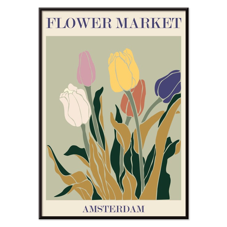 Bunte Tulpen Kunstwerk Blumenmarkt Amsterdam von Moryarty Poster mit dem Titel Flower Market - Amsterdam von Moryarty mit bunten Tulpen im Retro-Design und erdigem grünem Hintergrund