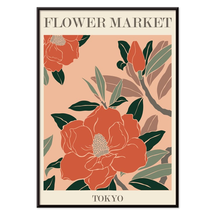 Kunstwerk „Blumenmarkt – Tokio“ von Moryarty mit leuchtend orangefarbenen Blüten und grünen Blättern Poster mit großen roten Blumen und grünen Blättern mit dem Text Flower Market Tokyo von Moryarty in fetten Buchstaben auf beigem Hintergrund.