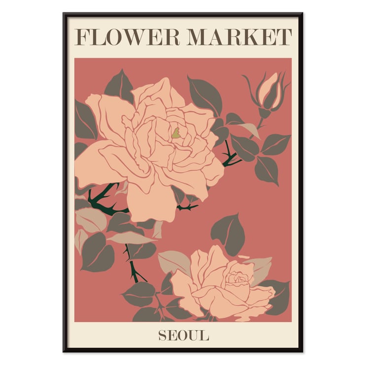 Botanische Illustration eines Rosenblumenmarkts – Seoul von Moryarty Poster mit einem Blumendesign mit dem Titel Flower Market - Seoul von Moryarty mit rosa Blumen und grünen Blättern auf rotem Hintergrund