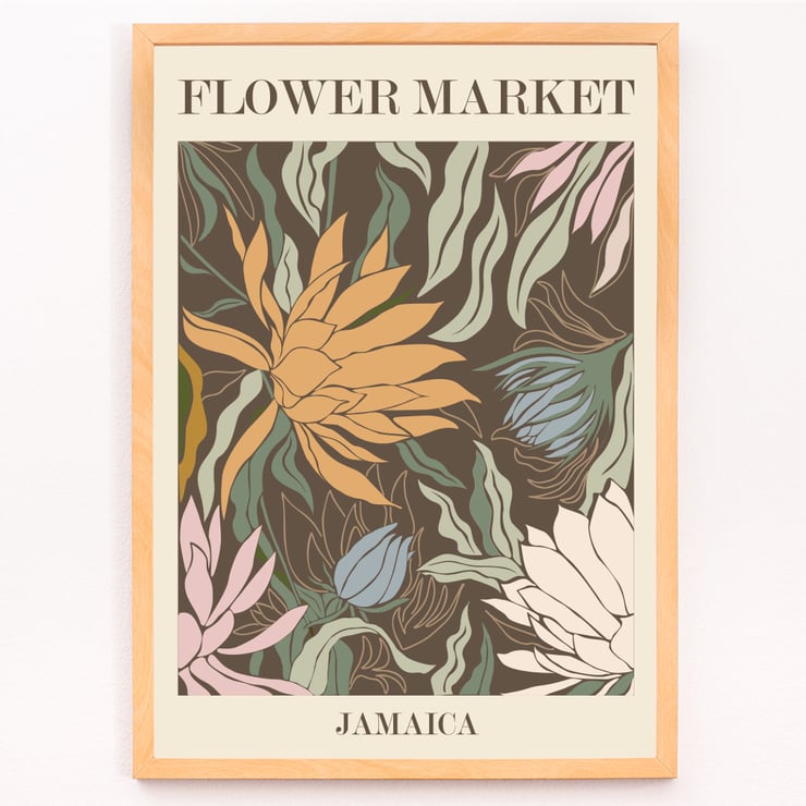 Farbenfrohe botanische Illustration von Moryarty mit dem Titel Flower Market - Jamaica Poster mit lebendigem Blumenkunstwerk mit tropischen Blumen und Blättern mit dem Titel Flower Market - Jamaica von Moryarty
