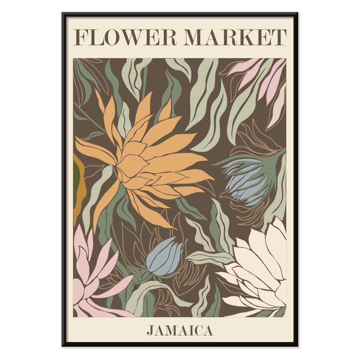 Farbenfrohe botanische Illustration von Moryarty mit dem Titel Flower Market - Jamaica Poster mit lebendigem Blumenkunstwerk mit tropischen Blumen und Blättern mit dem Titel Flower Market - Jamaica von Moryarty