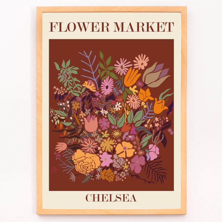Colorful floral artwork by Moryarty titled Flower Market Chelsea Poster titled Flower Market - Chelsea by Moryarty featuring various colorful flowers on a brown background.