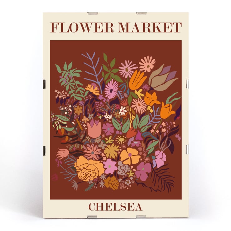 Colorful floral artwork by Moryarty titled Flower Market Chelsea Poster titled Flower Market - Chelsea by Moryarty featuring various colorful flowers on a brown background.