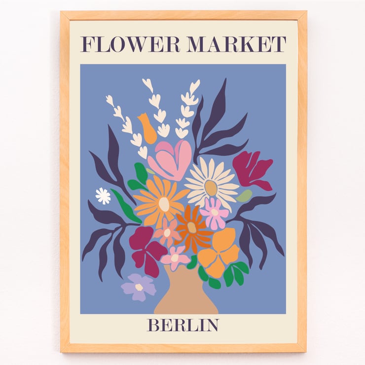 Colorful floral arrangement artwork titled Flower Market - Berlin by Moryarty Poster titled Flower Market - Berlin by Moryarty depicting a colorful bouquet of flowers against a blue background