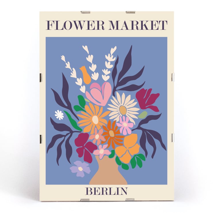 Colorful floral arrangement artwork titled Flower Market - Berlin by Moryarty Poster titled Flower Market - Berlin by Moryarty depicting a colorful bouquet of flowers against a blue background