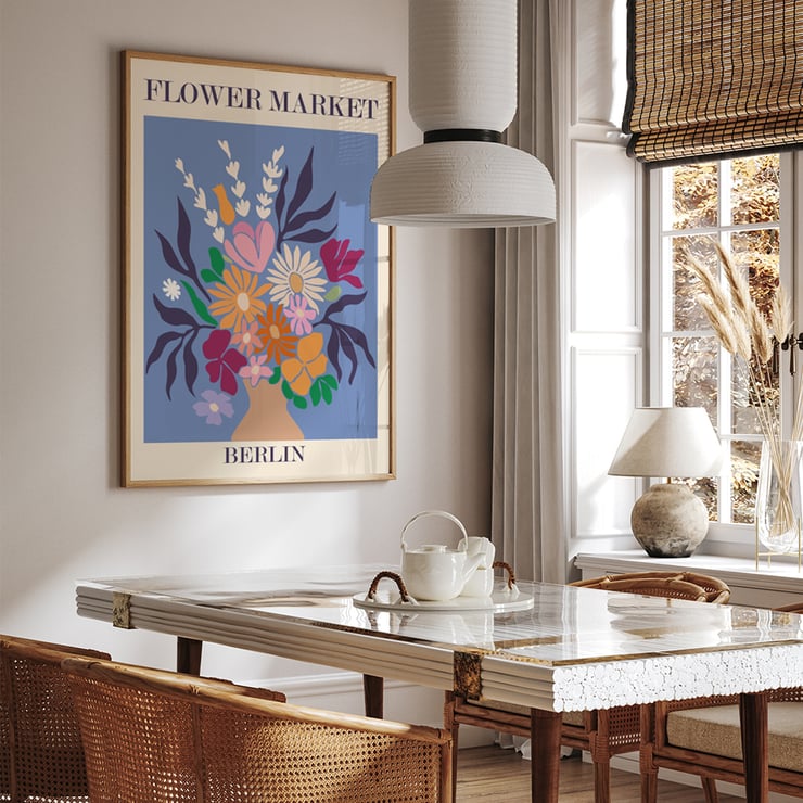 Colorful floral arrangement artwork titled Flower Market - Berlin by Moryarty Poster titled Flower Market - Berlin by Moryarty depicting a colorful bouquet of flowers against a blue background