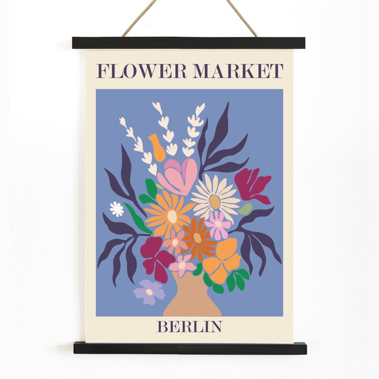 Colorful floral arrangement artwork titled Flower Market - Berlin by Moryarty Poster titled Flower Market - Berlin by Moryarty depicting a colorful bouquet of flowers against a blue background