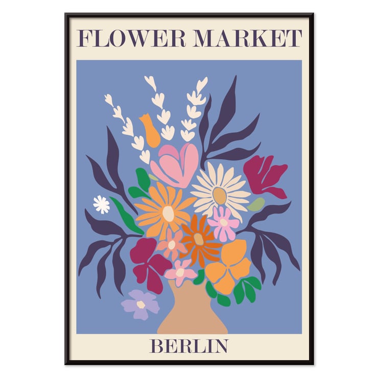 Colorful floral arrangement artwork titled Flower Market - Berlin by Moryarty Poster titled Flower Market - Berlin by Moryarty depicting a colorful bouquet of flowers against a blue background