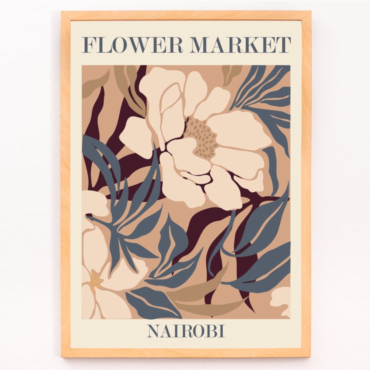 Floral artwork Flower Market - Nairobi by Moryarty Poster of Flower Market - Nairobi featuring an abstract floral design by Moryarty in soft brown, beige, and blue hues.