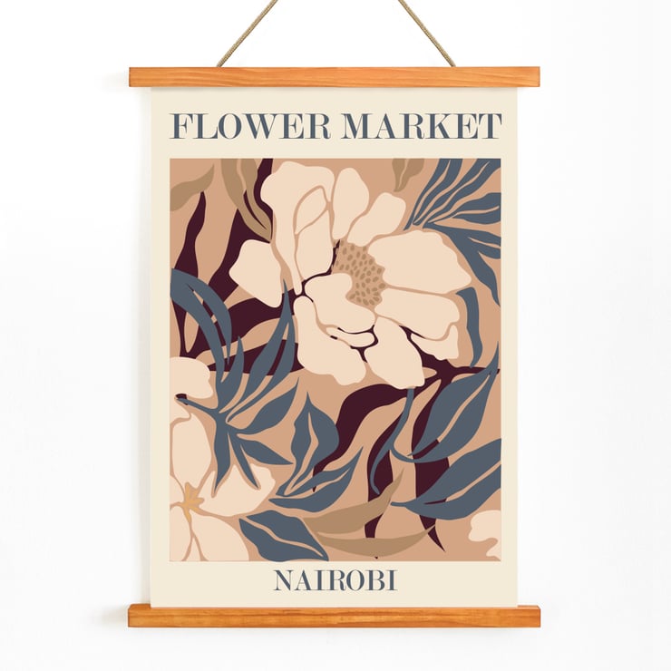 Floral artwork Flower Market - Nairobi by Moryarty Poster of Flower Market - Nairobi featuring an abstract floral design by Moryarty in soft brown, beige, and blue hues.