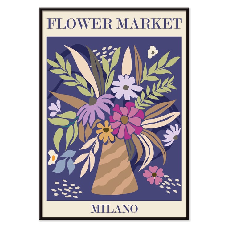 Farbenfrohes Blumenkunstwerk „Flower Market Milano“ von Moryarty, das leuchtende Blumen in einer Vase zeigt. Poster mit dem Kunstwerk „Flower Market – Milano“ von Moryarty, das einen bunten Blumenstrauß in einer gestreiften Vase zeigt.
