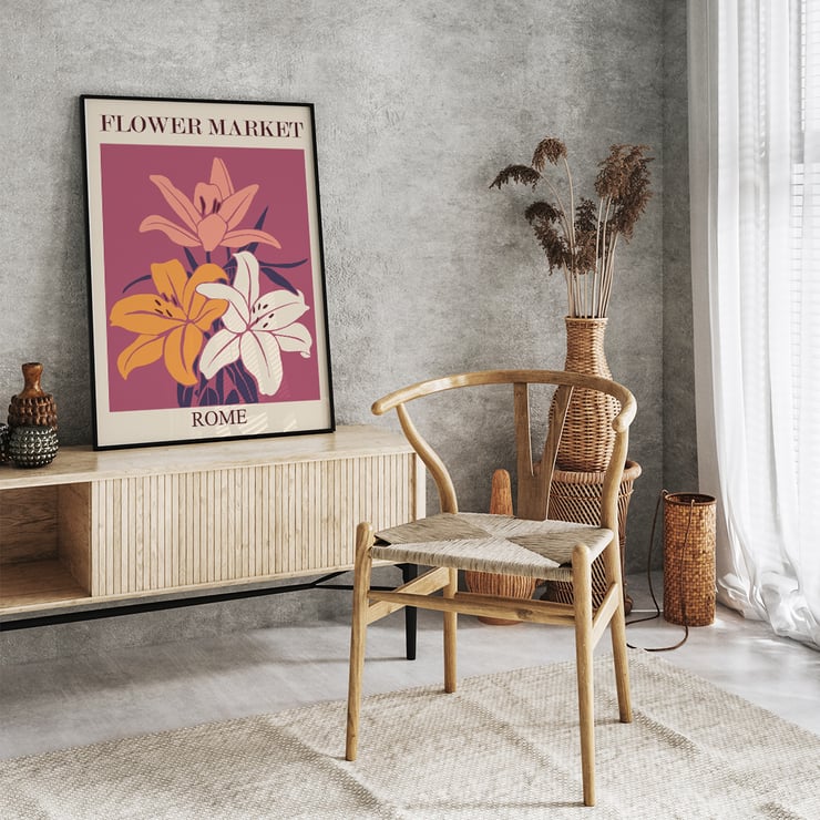 Farbenfrohe Blumenillustration Blumenmarkt Rom von Moryarty Poster zeigt leuchtende Lilien in verschiedenen Farben mit dem Text Flower Market Rome von Moryarty auf kastanienbraunem Hintergrund.