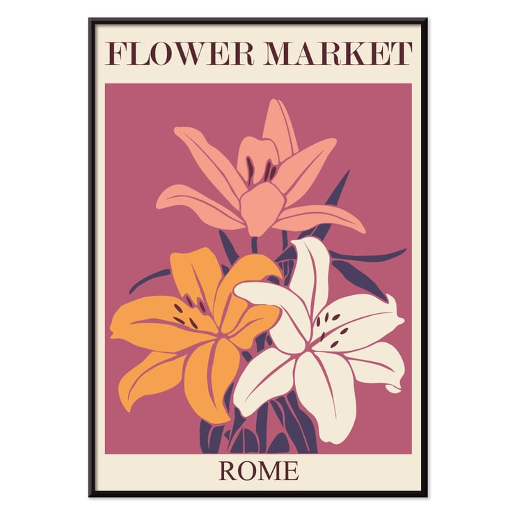 Farbenfrohe Blumenillustration Blumenmarkt Rom von Moryarty Poster zeigt leuchtende Lilien in verschiedenen Farben mit dem Text Flower Market Rome von Moryarty auf kastanienbraunem Hintergrund.