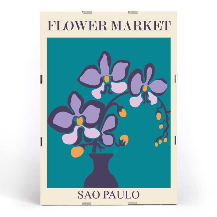 Purple flowers in a vase Flower Market Sao Paulo by Moryarty Poster of purple orchids in a vase with teal background titled Flower Market Sao Paulo by Moryarty.