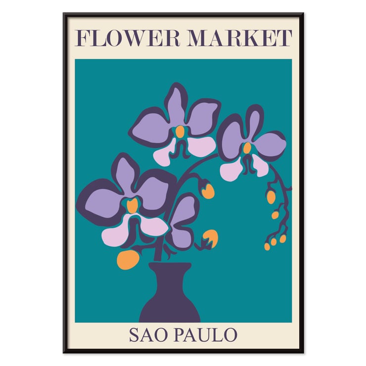 Purple flowers in a vase Flower Market Sao Paulo by Moryarty Poster of purple orchids in a vase with teal background titled Flower Market Sao Paulo by Moryarty.
