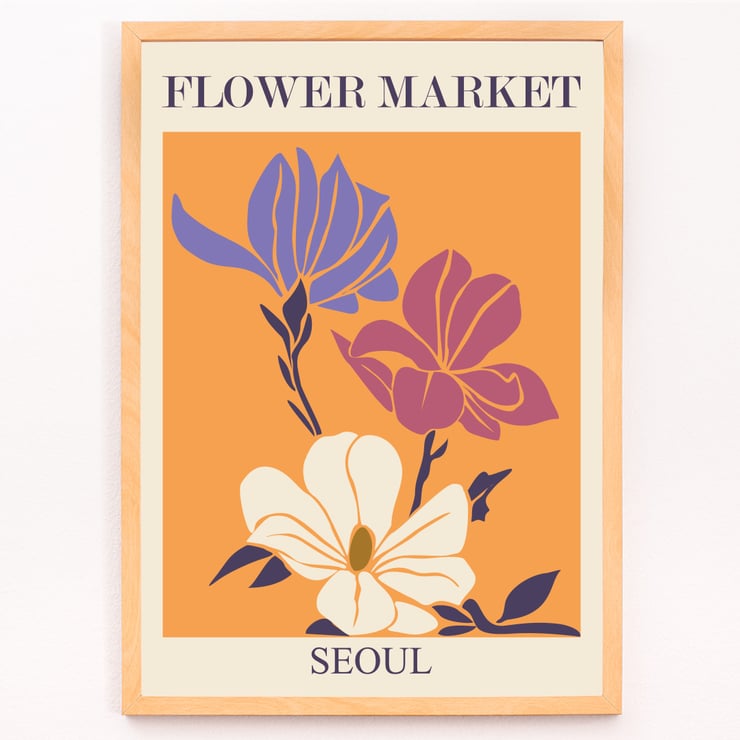 Flower Market - Seoul 2 by Moryarty featuring colorful illustrated flowers Poster featuring three stylized flowers on an orange background with text Flower Market Seoul titled Seoul 2 by Moryarty