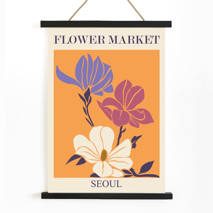 Flower Market - Seoul 2 by Moryarty featuring colorful illustrated flowers Poster featuring three stylized flowers on an orange background with text Flower Market Seoul titled Seoul 2 by Moryarty