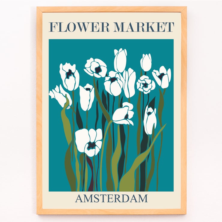 Illustration of white tulips on a teal background by Moryarty titled Flower Market - Amsterdam 2 Poster featuring the artwork Flower Market Amsterdam by Moryarty depicting white tulips with green stems on a blue background