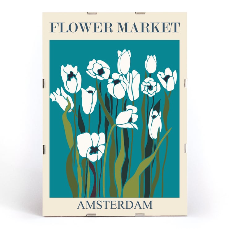 Illustration of white tulips on a teal background by Moryarty titled Flower Market - Amsterdam 2 Poster featuring the artwork Flower Market Amsterdam by Moryarty depicting white tulips with green stems on a blue background