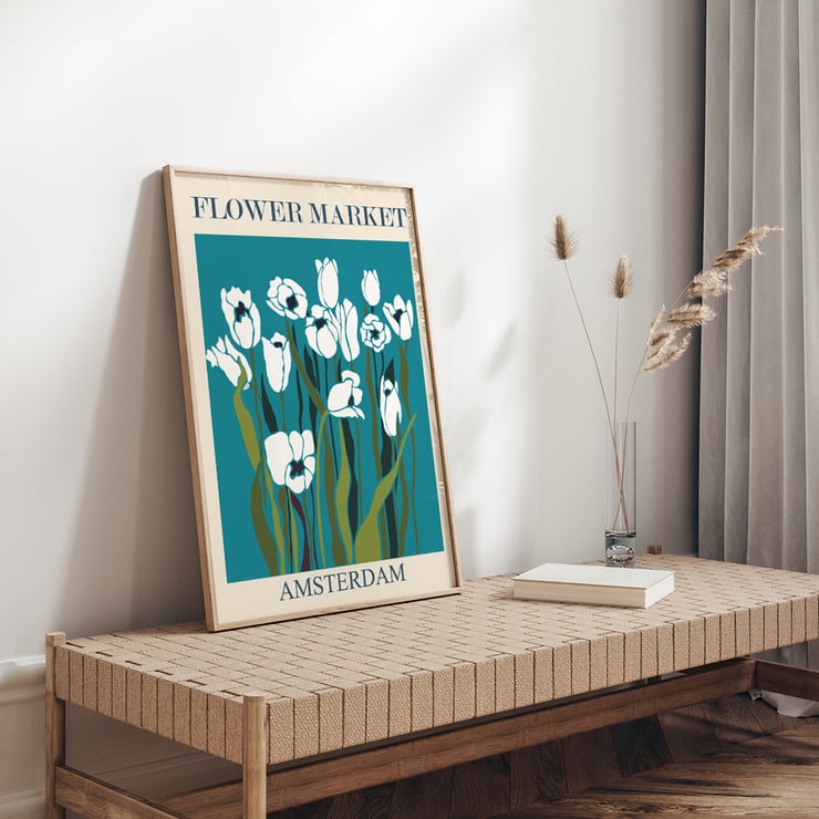Illustration of white tulips on a teal background by Moryarty titled Flower Market - Amsterdam 2 Poster featuring the artwork Flower Market Amsterdam by Moryarty depicting white tulips with green stems on a blue background