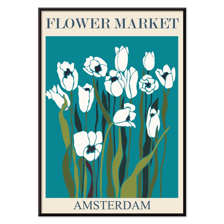 Illustration of white tulips on a teal background by Moryarty titled Flower Market - Amsterdam 2 Poster featuring the artwork Flower Market Amsterdam by Moryarty depicting white tulips with green stems on a blue background