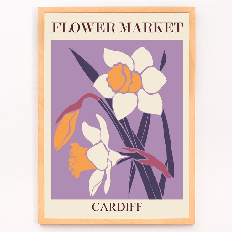 Illustration of yellow and white flowers by the artist Moryarty titled Flower Market - Cardiff Poster titled Flower Market - Cardiff by Moryarty featuring illustrated daffodils on a purple background.