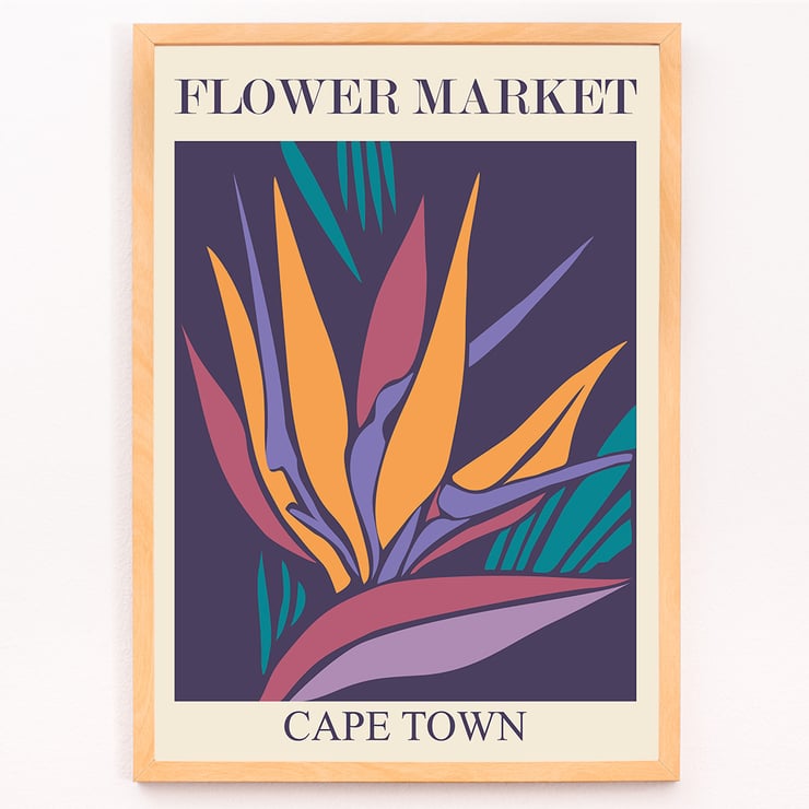 Colorful abstract artwork of tropical flowers Flower Market - Cape Town by Moryarty Poster featuring artwork titled Flower Market - Cape Town by Moryarty depicting a vibrant bird of paradise flower in abstract style