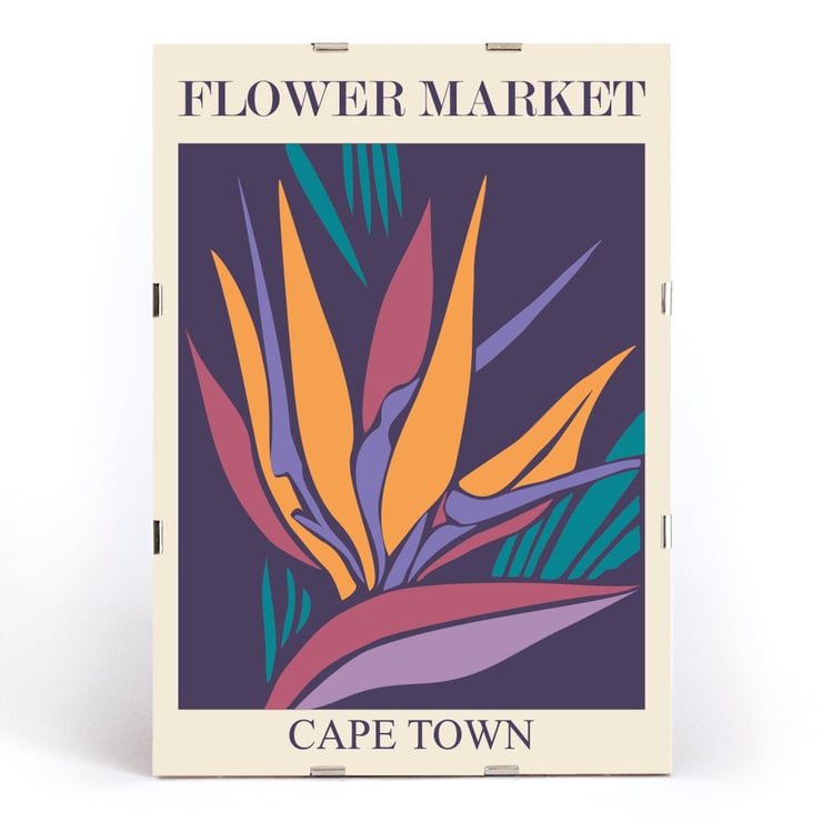 Colorful abstract artwork of tropical flowers Flower Market - Cape Town by Moryarty Poster featuring artwork titled Flower Market - Cape Town by Moryarty depicting a vibrant bird of paradise flower in abstract style